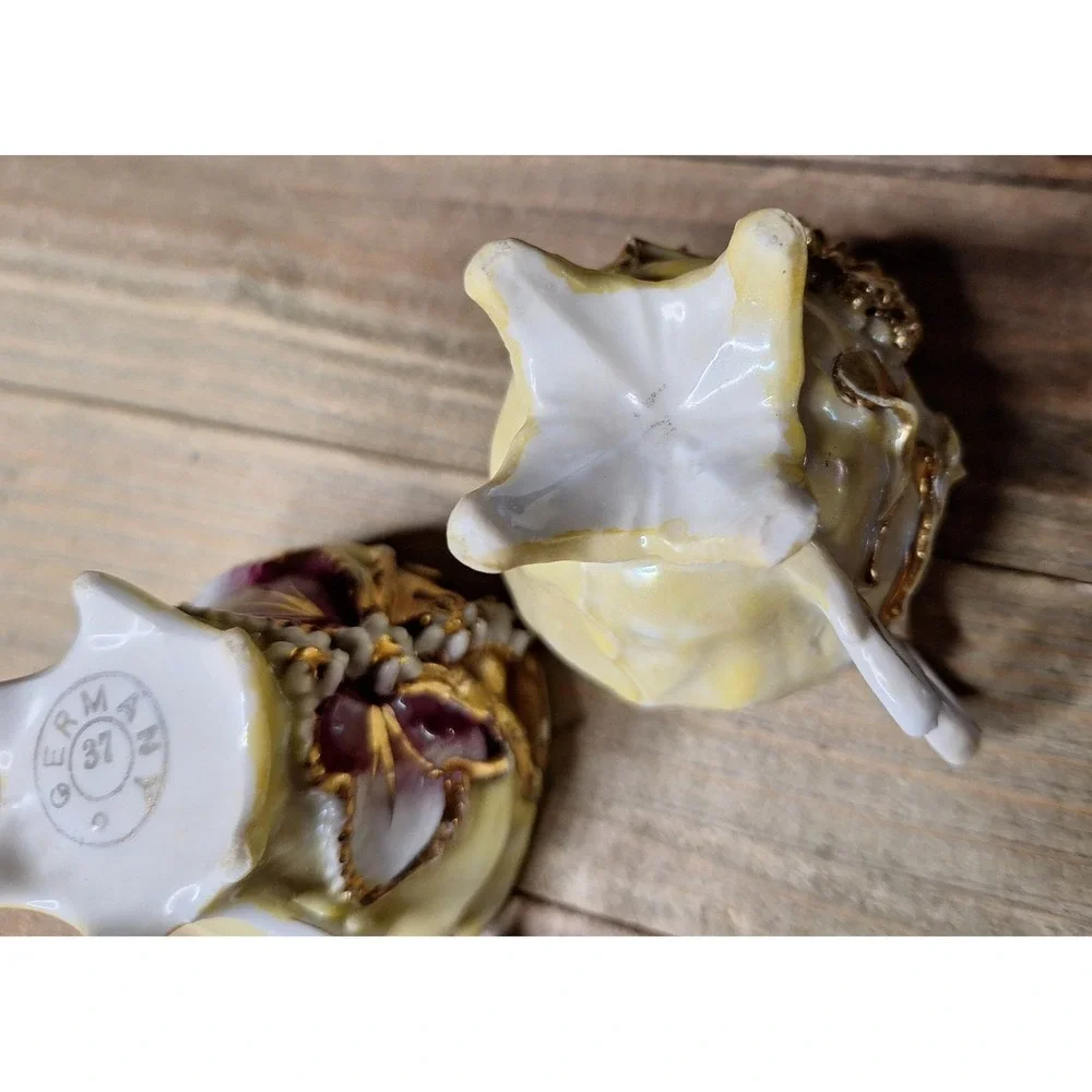 Vintage Footed Lusterware Porcelain Teacups Gold Gilt 3D Floral Applique Set / 2
